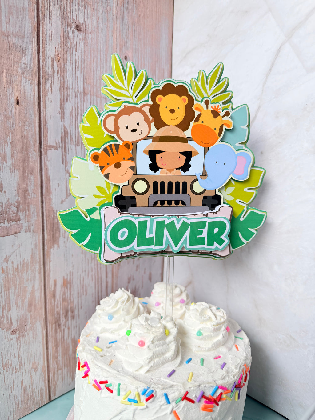 Personalized Safari Cake Topper - 3D Jungle Animals & Jeep Birthday Cake Topper - Custom Explorer Wild One Party Decor Fast Shipping (Ships Next Day)