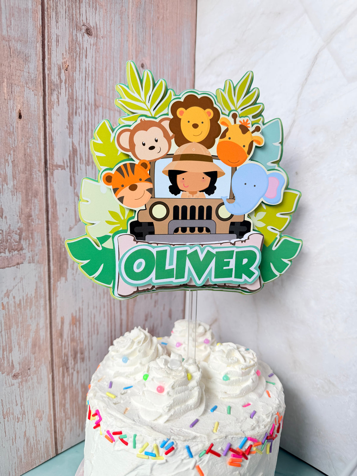 Personalized Safari Cake Topper - 3D Jungle Animals & Jeep Birthday Cake Topper - Custom Explorer Wild One Party Decor Fast Shipping (Ships Next Day)