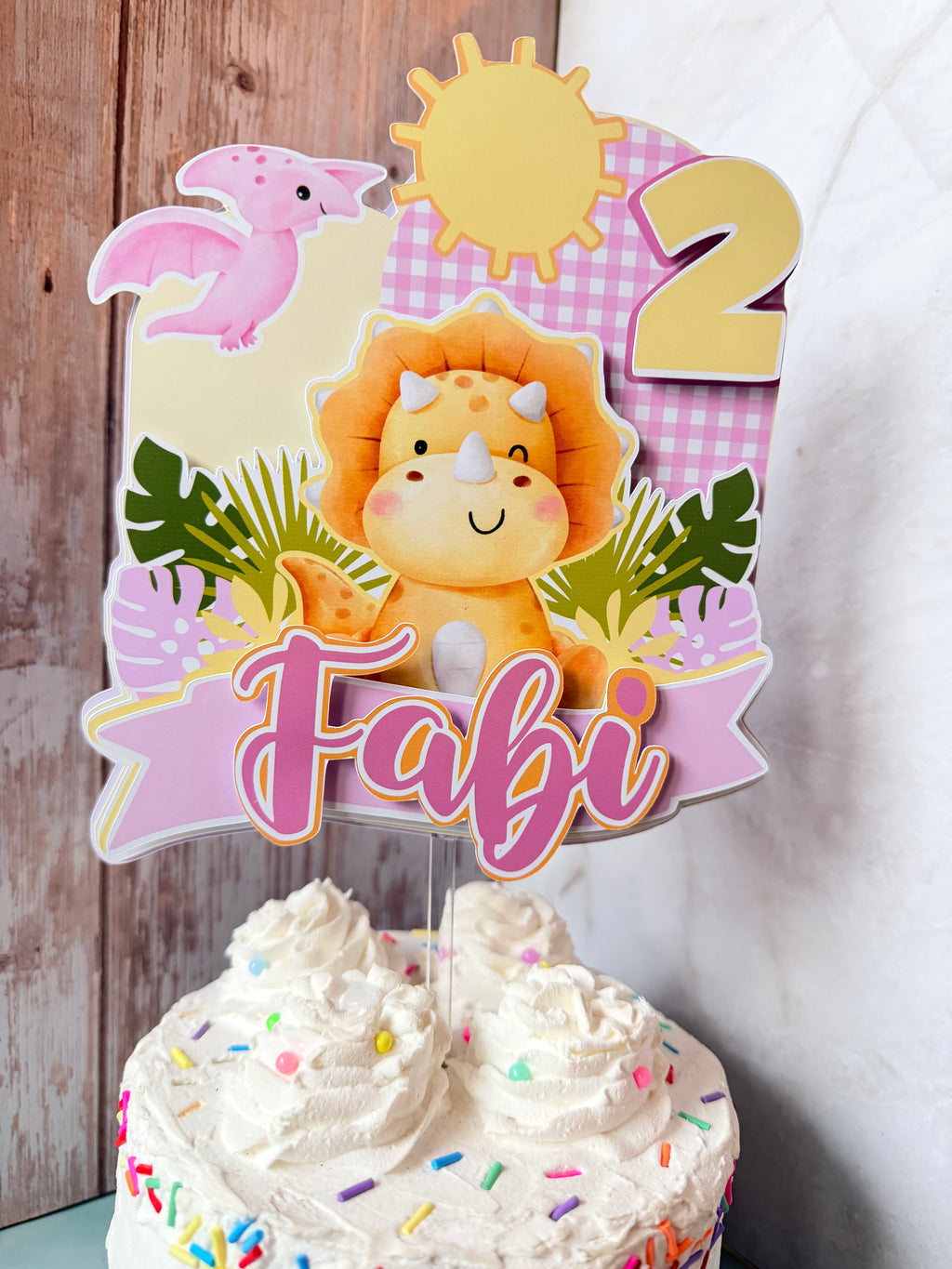 Personalized Pink Dinosaur 3D Cake Topper – Custom Cute Girl Triceratops Birthday Decoration – Fast Shipping (Ships Next Day)