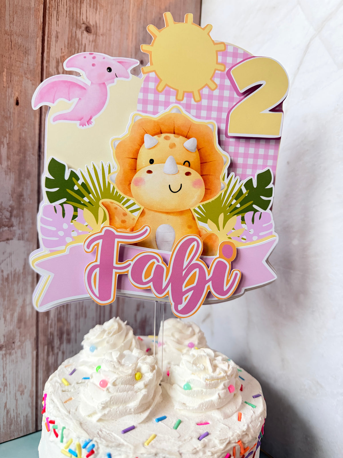 Personalized Pink Dinosaur 3D Cake Topper – Custom Cute Girl Triceratops Birthday Decoration – Fast Shipping (Ships Next Day)