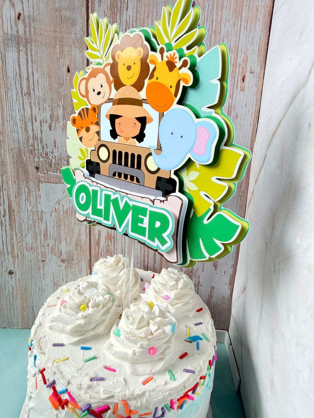 Personalized Safari Cake Topper - 3D Jungle Animals & Jeep Birthday Cake Topper - Custom Explorer Wild One Party Decor Fast Shipping (Ships Next Day)