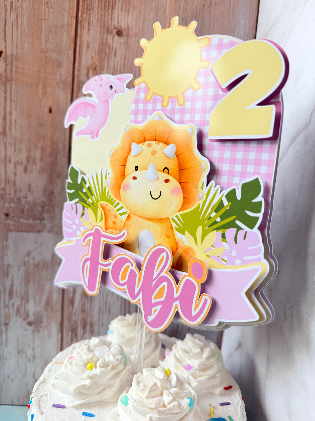 Personalized Pink Dinosaur 3D Cake Topper – Custom Cute Girl Triceratops Birthday Decoration – Fast Shipping (Ships Next Day)