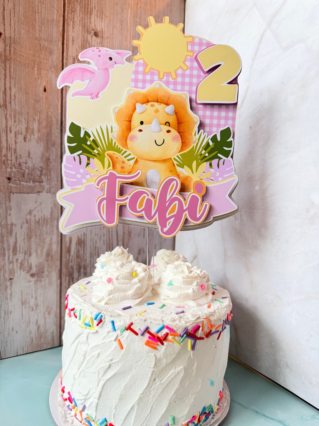 Personalized Pink Dinosaur 3D Cake Topper – Custom Cute Girl Triceratops Birthday Decoration – Fast Shipping (Ships Next Day)