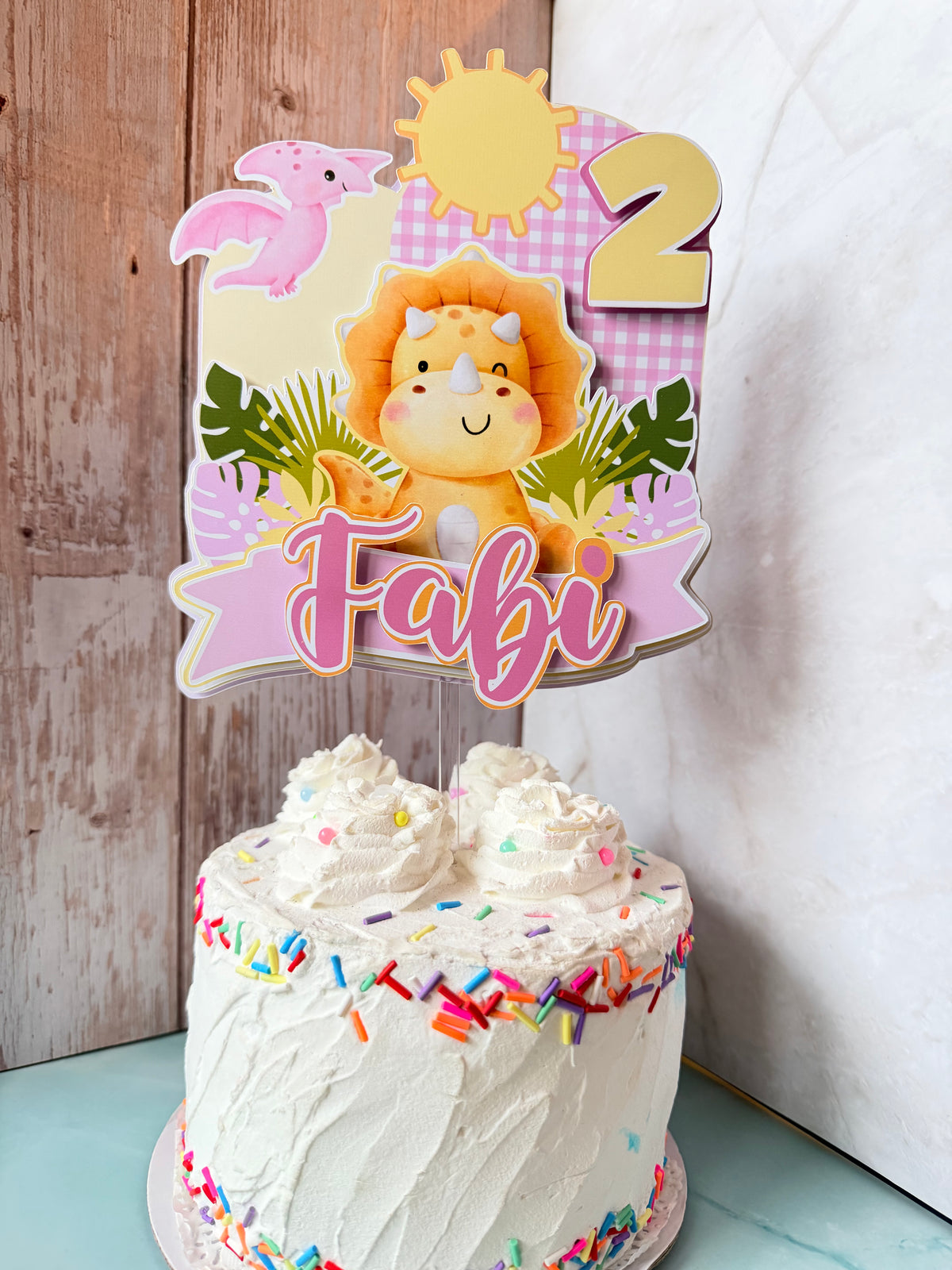 Personalized Pink Dinosaur 3D Cake Topper – Custom Cute Girl Triceratops Birthday Decoration – Fast Shipping (Ships Next Day)