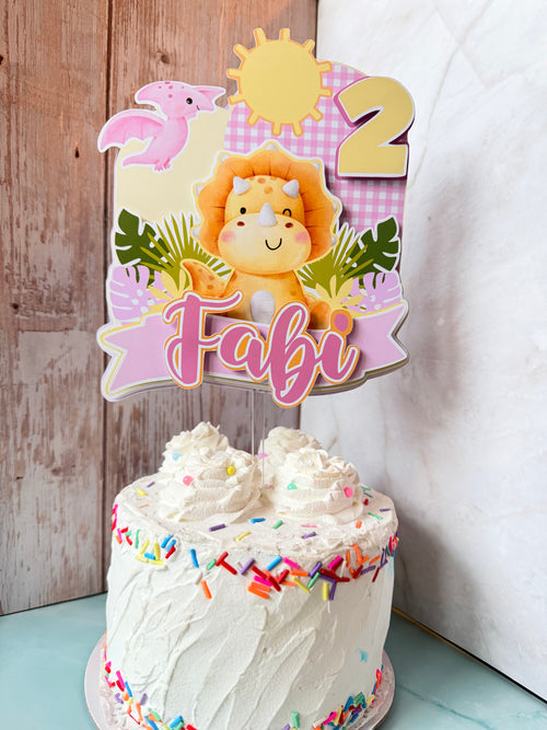 Personalized Pink Dinosaur 3D Cake Topper – Custom Cute Girl Triceratops Birthday Decoration – Fast Shipping (Ships Next Day)