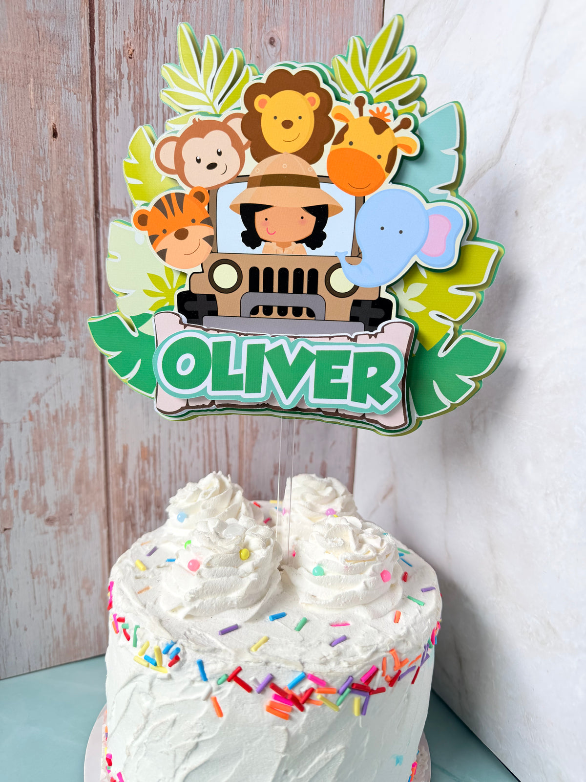Personalized Safari Cake Topper - 3D Jungle Animals & Jeep Birthday Cake Topper - Custom Explorer Wild One Party Decor Fast Shipping (Ships Next Day)