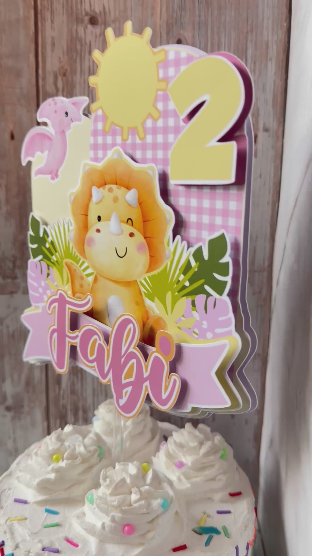Personalized Pink Dinosaur 3D Cake Topper – Custom Cute Girl Triceratops Birthday Decoration – Fast Shipping (Ships Next Day)